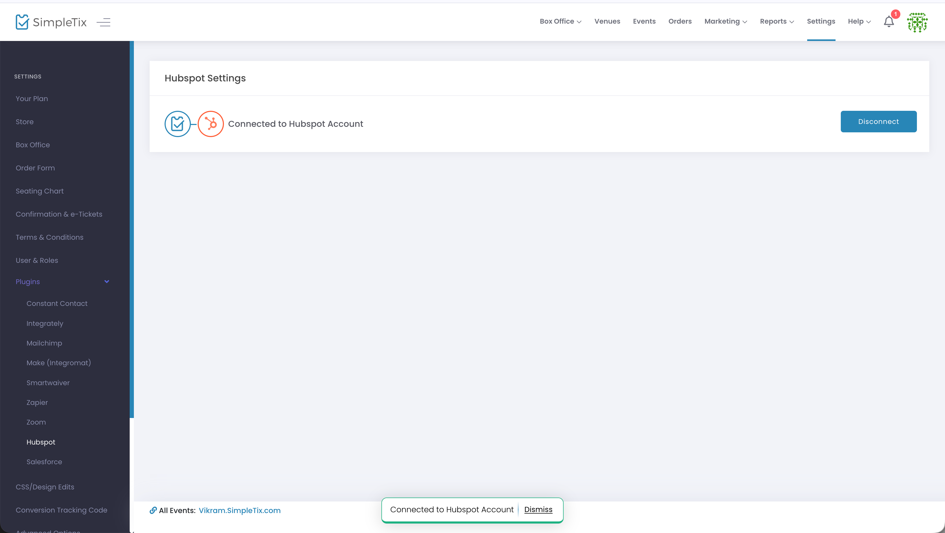SimpleTix HubSpot settings — connected