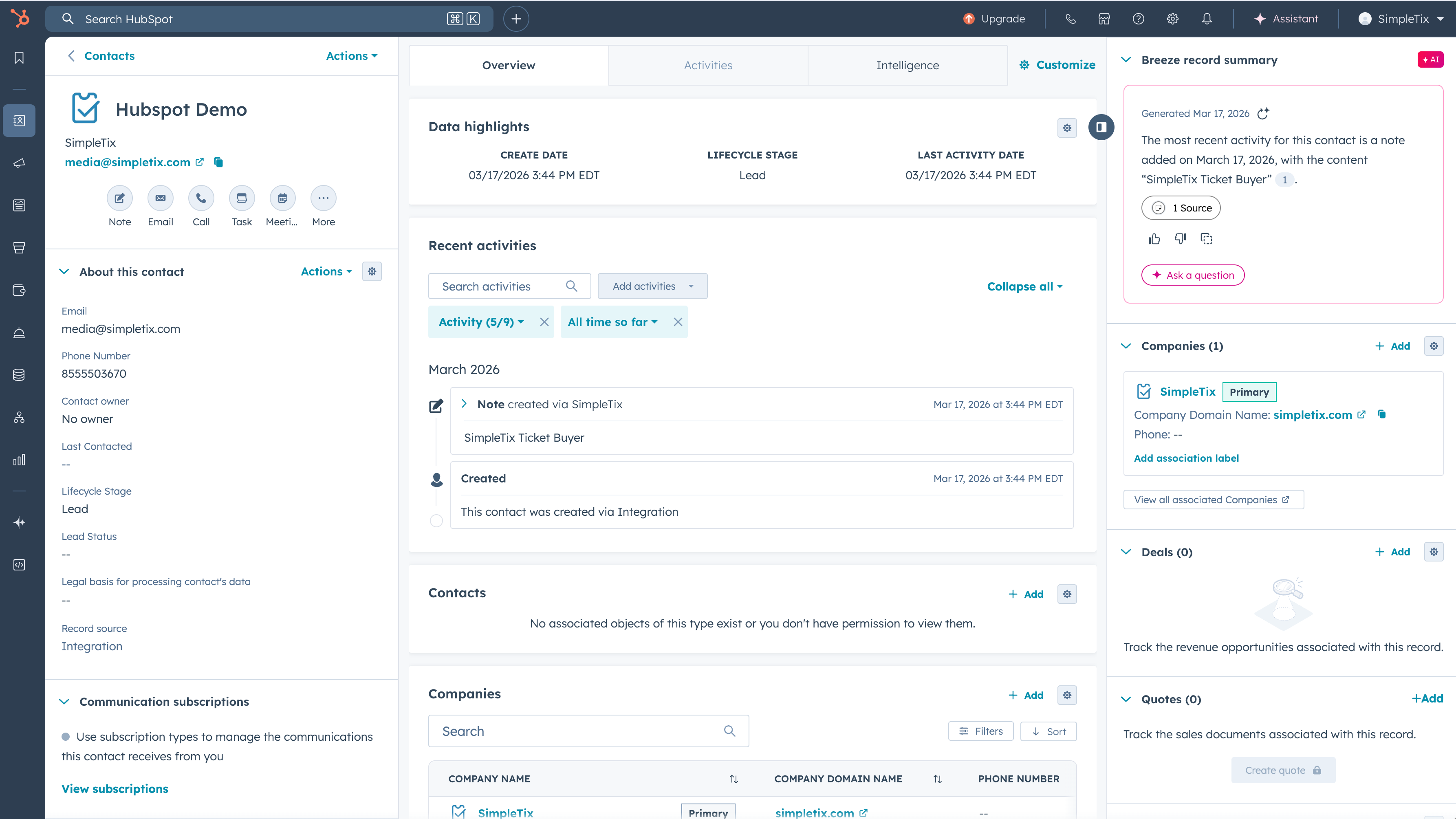 SimpleTix Ticket Buyer note on a HubSpot contact timeline